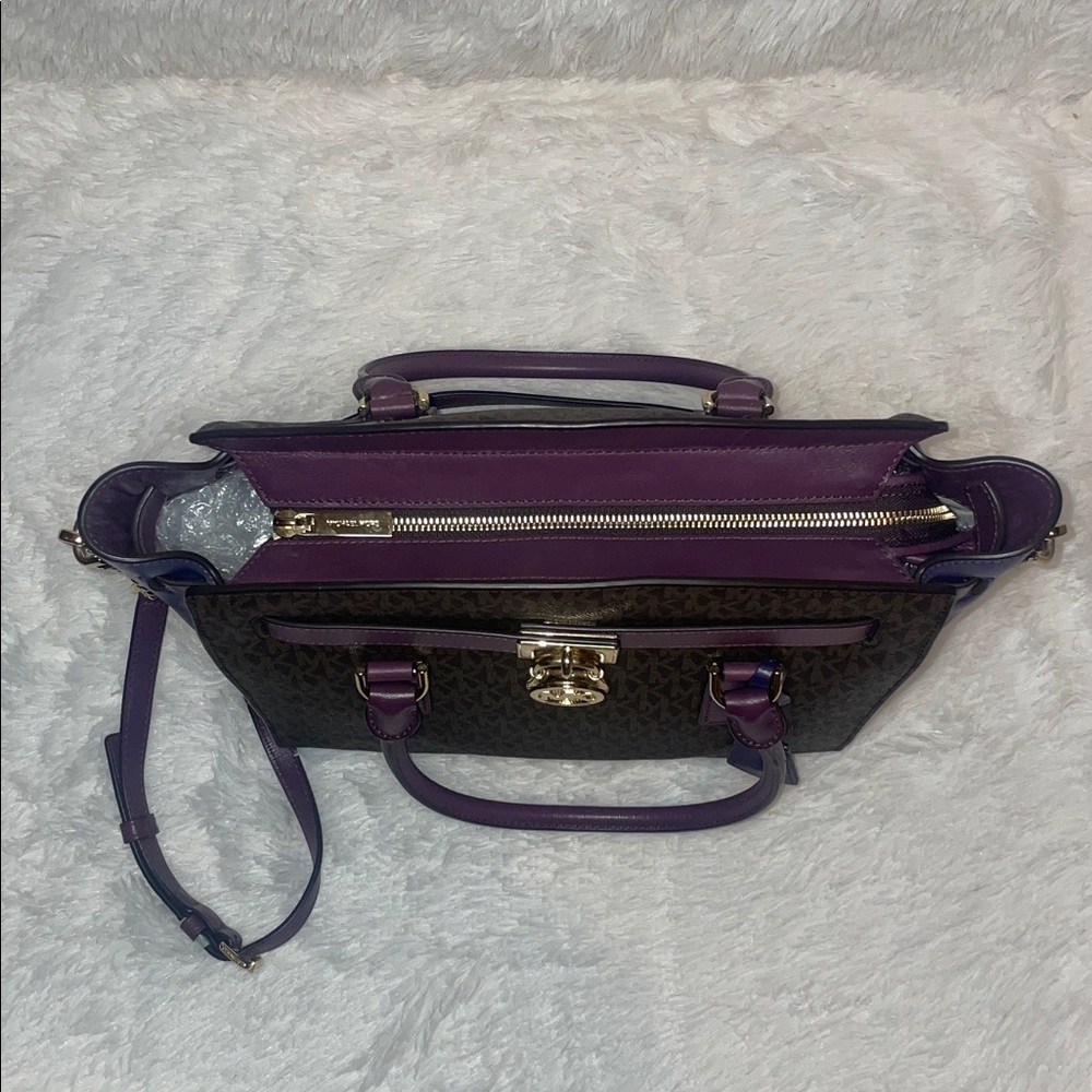 Michael Kors Hamilton Plum Violet Leather & Signature Monogram Canvas Satchel - Picture 13 of 17
